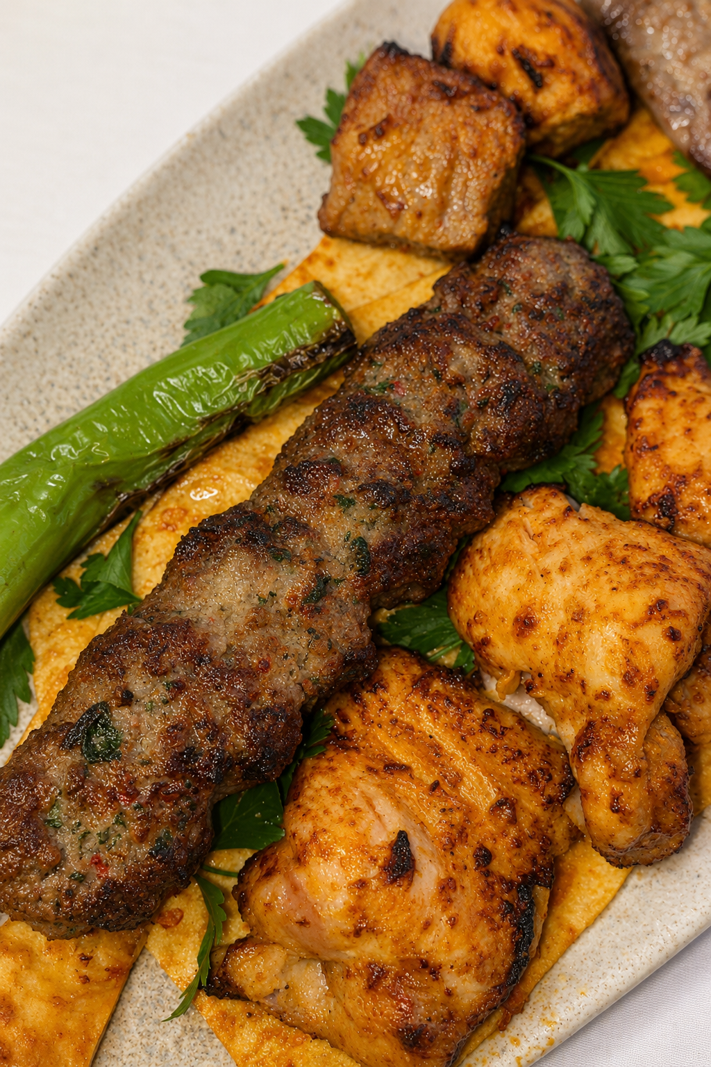 Close-up of a mixed grill at Günaydın in Baku — adana köfte, chicken and lamb over flatbread
