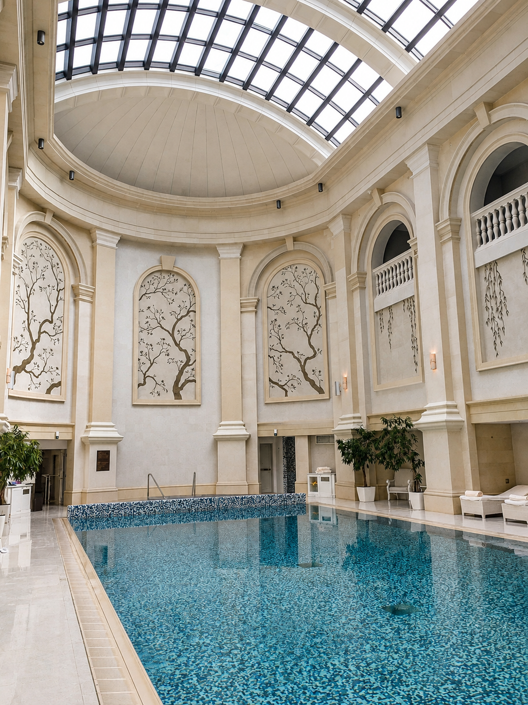 A vaulted, skylit indoor hotel pool with mosaic tiling and hand-painted panels