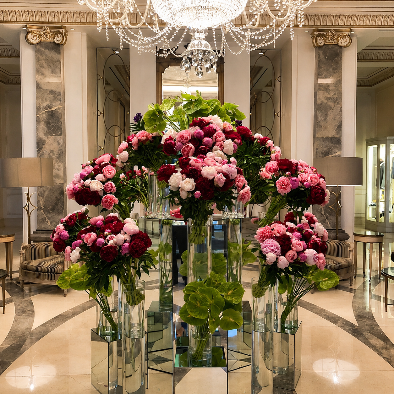 Tall crystal vases of peonies beneath a chandelier in a marble hotel lobby