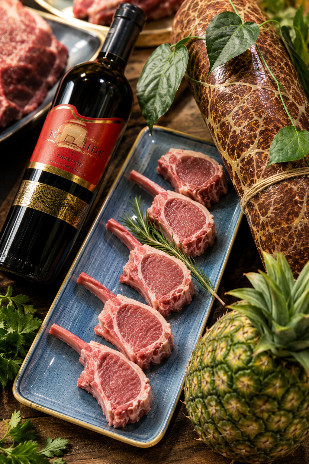 Raw lamb cutlets on a blue ceramic plate beside an Azerbaijani red wine bottle and dry-aged meat at Günaydın in Baku