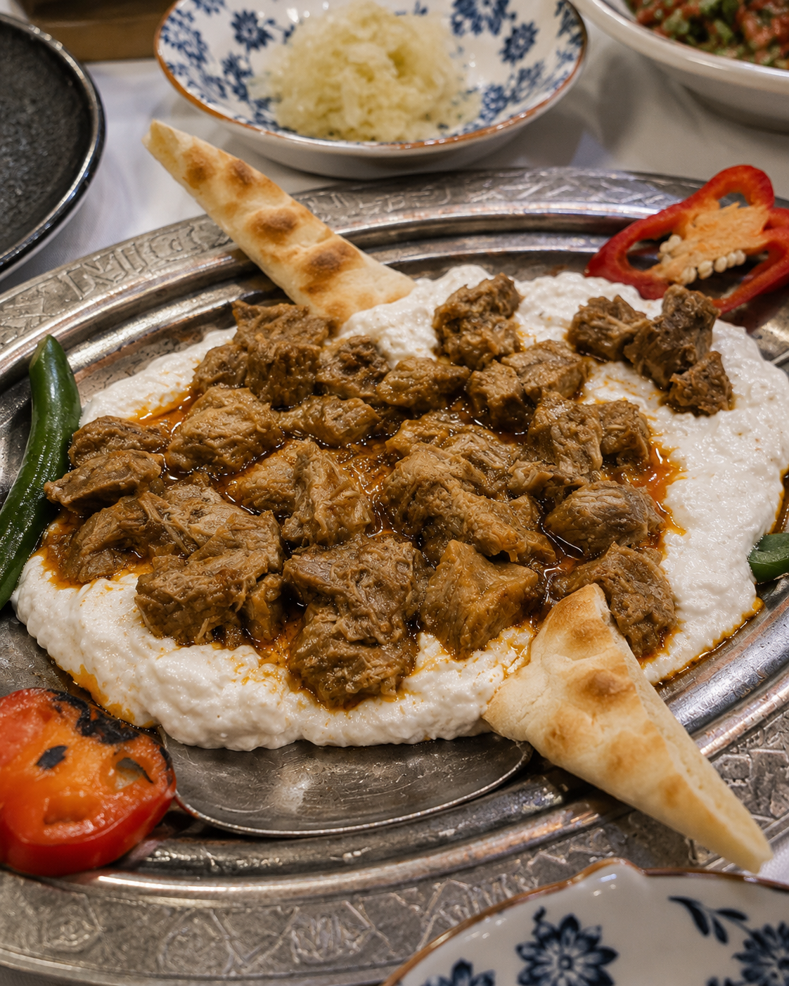Slow-cooked lamb served over smoked aubergine purée on an engraved silver tray at Günaydın in Baku