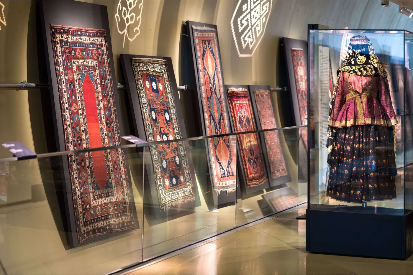 Hand-knotted Azerbaijani carpets displayed at the Azerbaijan Carpet Museum in Baku