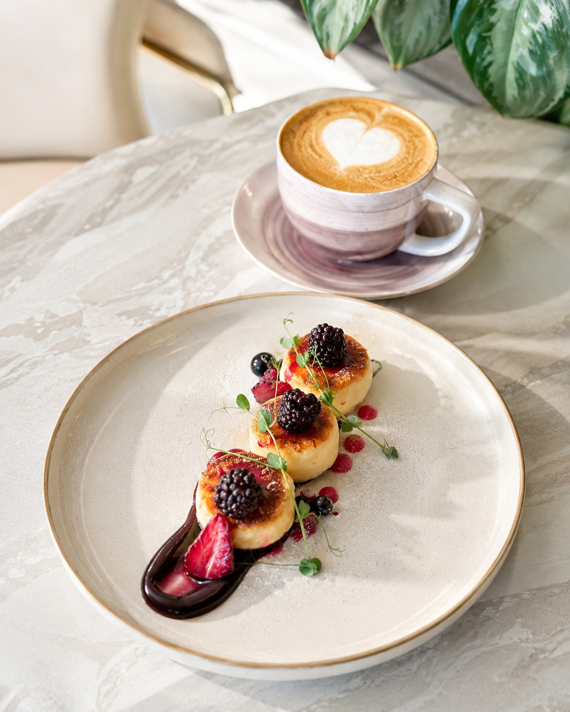 Three syrniki cottage-cheese pancakes with blackberries and berry sauce, beside a cappuccino on a marble table